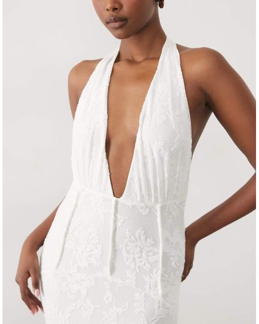 ASOS Natural Textured Lace Cinched Waist Corset Detail Maxi Dress With Fishtail Hem