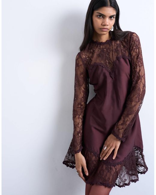Robe courte à ourlet volanté et manches en dentelle - bordeaux TOPSHOP en coloris Purple