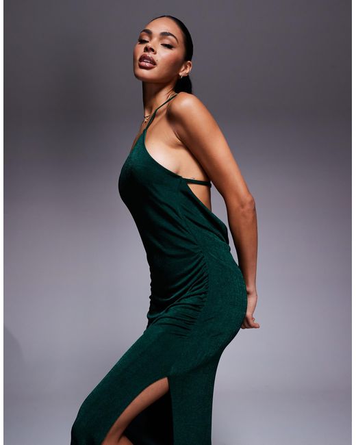ASOS Green Slinky One Shoulder Maxi Dress With Side Split