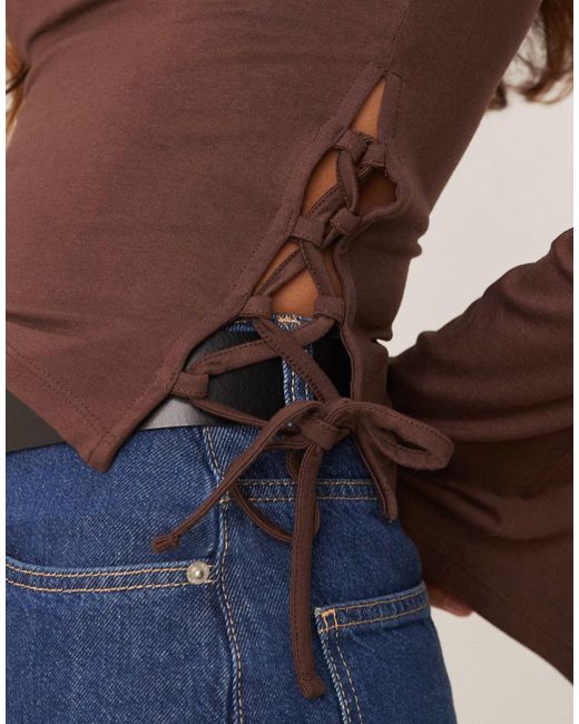 ASOS Brown Flared Long Sleeve Asymmetric Top With Side Tie Detail