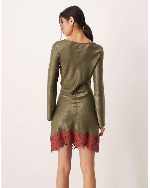 ASOS Natural Satin Long Sleeve Scoop Neck Swing Dress