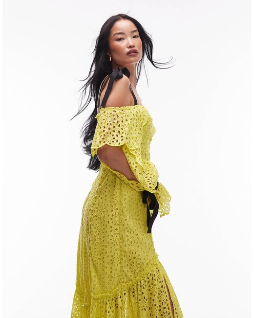 ASOS Yellow Asos Archive Floral Broderie Midi Dress With Grosgrain Straps