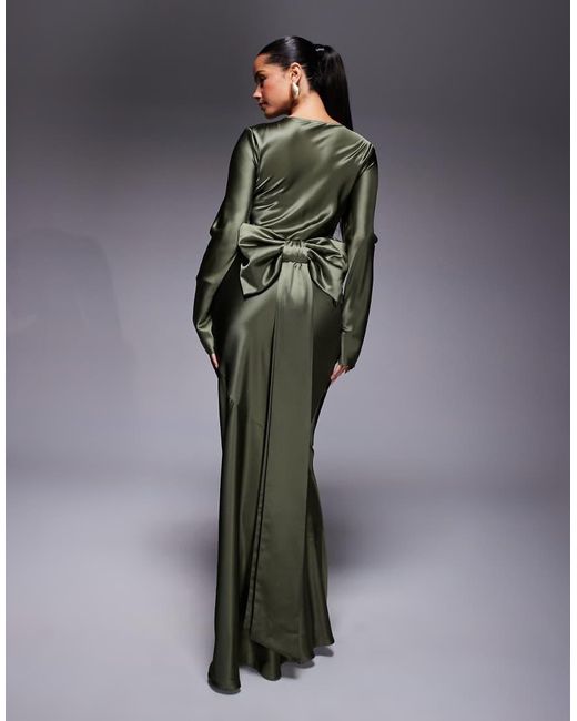 DASKA Gray Satin Maxi Dress With exaggerated Bow Back