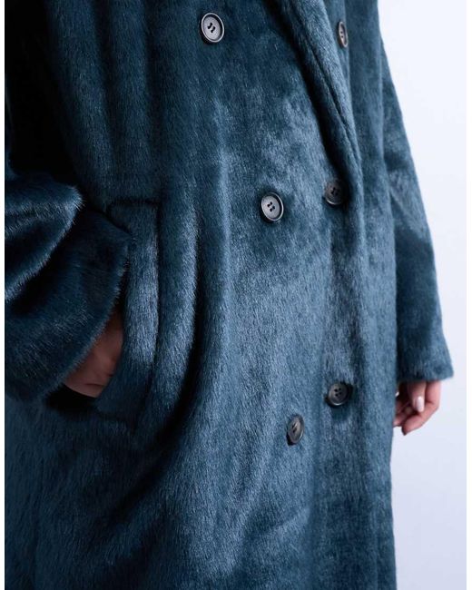 TOPSHOP Blue Faux Fur Longline Double Breasted Coat
