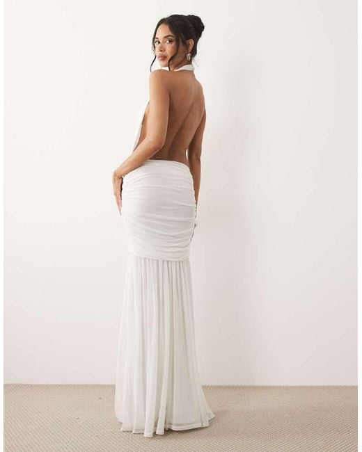 ASOS Natural Plunge Cowl Mesh Maxi Dress With Ruched Drop Waist Detail