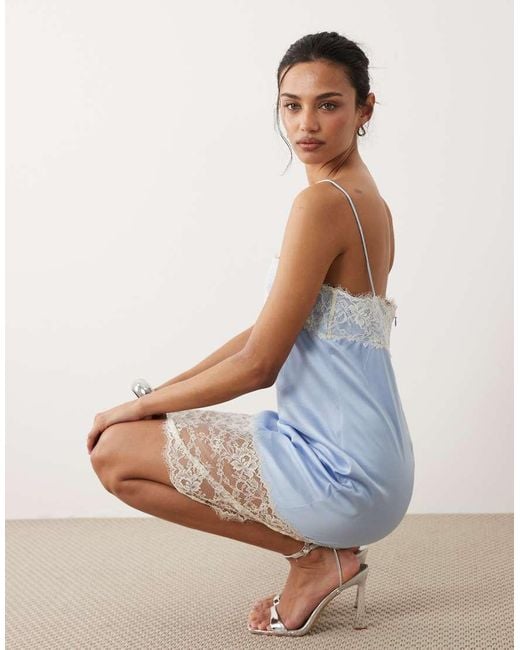 Mango Blue Satin Cami Mini Dress With Lace Trim