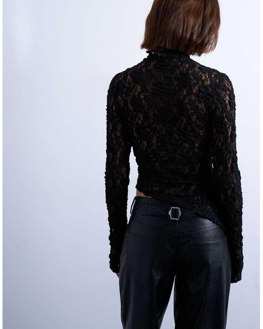TOPSHOP Black Lace High Neck Long Sleeve Asymmetric Hem Top