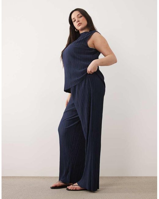 Vila Curve Blue Plisse Wide Leg Trouser Co-ord