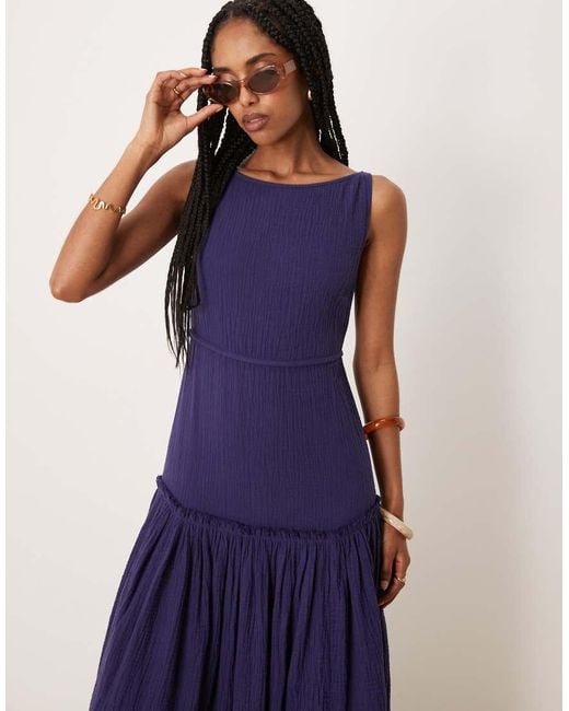 ASOS Blue Laundered Slash Neck Maxi Dress With Seaming Detail