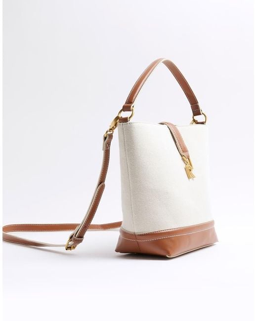River Island White Canvas Lock Bucket Bag