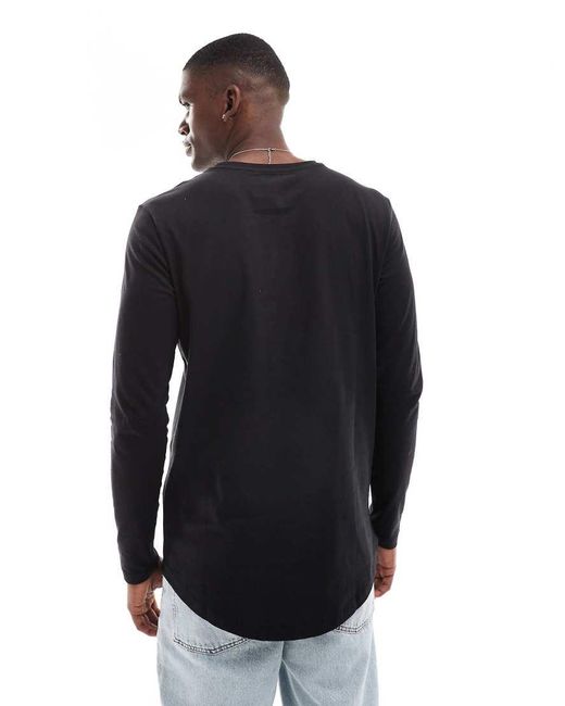 Jack & Jones Black Essentials Longline Long Sleeve T-shirt With Curve Hem for men