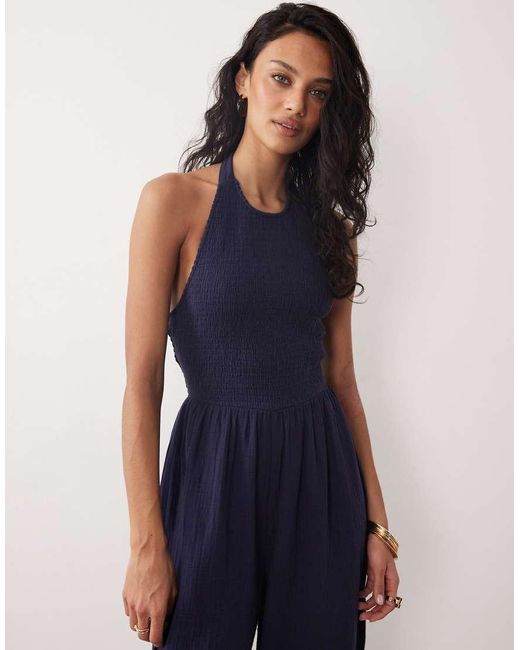 Nobody's Child Blue Tizzy Cotton Halter Neck Wide Leg Jumpsuit