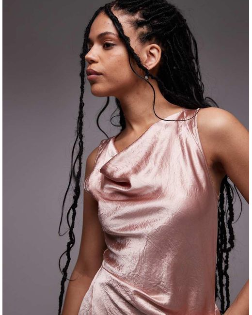 & Other Stories Brown Sleeveless Hammered Satin Midaxi Dress With Drape Detail And Thigh Split