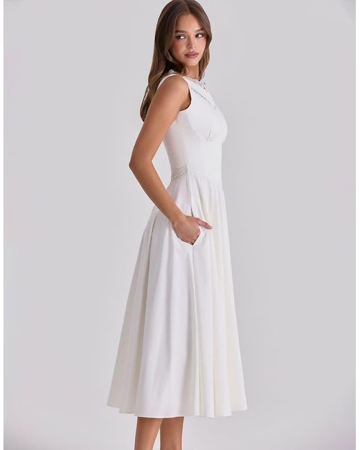 House Of Cb White Scarlett Cotton Lace Trim Waist Cinch Midi Dress