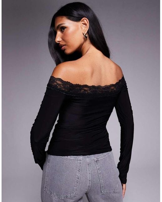 Fashionkilla Black Exclusive Double Sculpted Slinky Lace Trim Bardot Long Sleeve Top