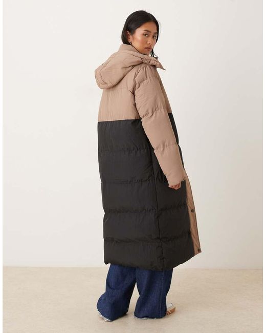 Brave Soul Brown Colourblock Maxi Hooded Puffer Jacket