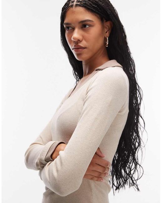 ASOS Natural Long Sleeve V-neck Top With Collar