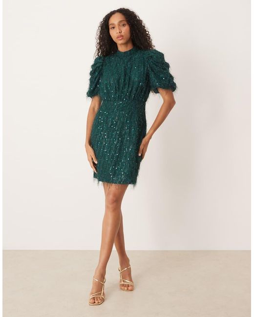 Y.A.S Green Fluffy Textured Sequin Mini Dress