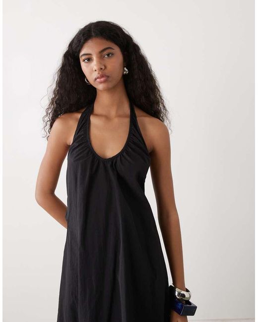 Collusion White Nylon Ruched Volume Halter Midi Dress
