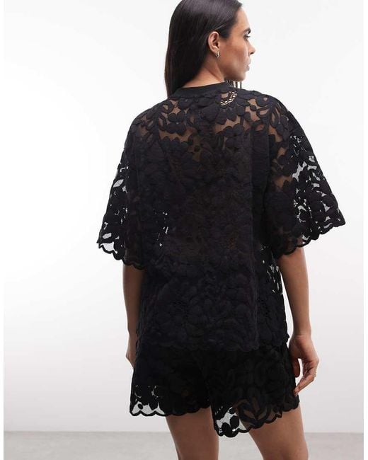 AllSaints Black Amelie Co-Ord Short Sleeve Floral Lace Top