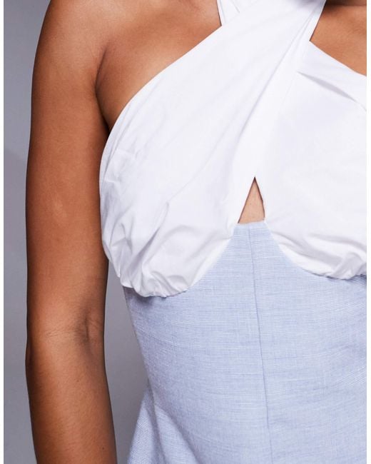 ASOS Gray Structured Cross Bust Halter Mini Dress With Contrast Fabric