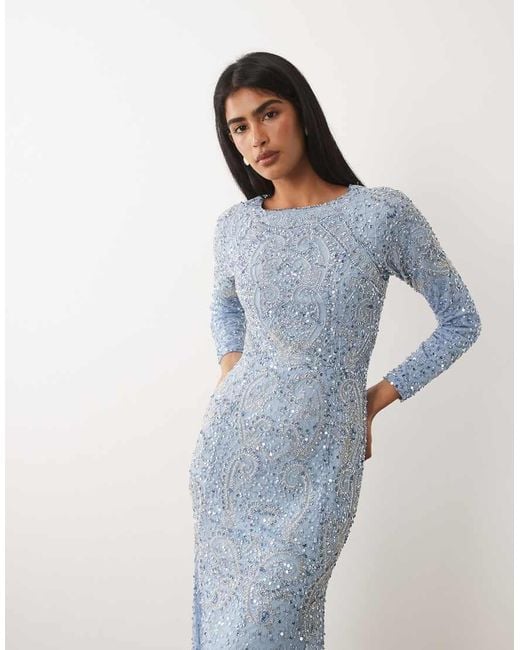 Beauut Blue Embellished Long Sleeve Maxi Dress