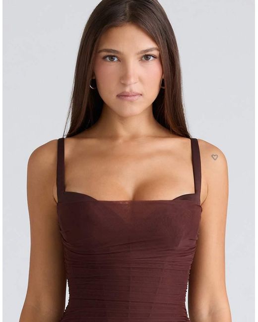House Of Cb Purple Lini Burgundy Stretch Mesh Maxi Dress