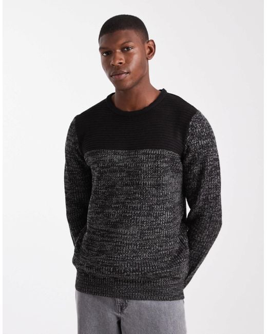 Brave Soul Black Crew Neck Knit Sweater With Contrast Panel for men