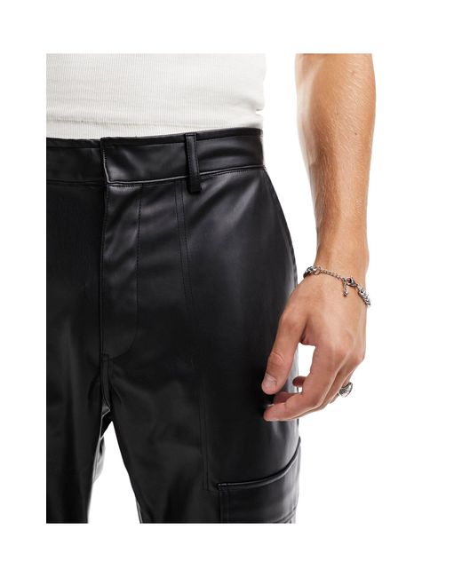 Bershka Black Faux Leather Cargo Trouser for men