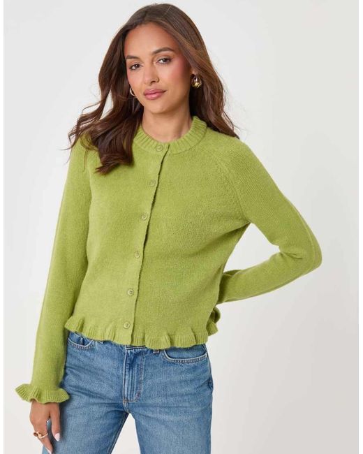Threadbare Green Crew Neck Ruffle Cardigan