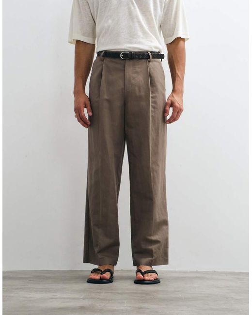 ASOS Brown Oversized Tapered Linen Rich Suit Trousers for men