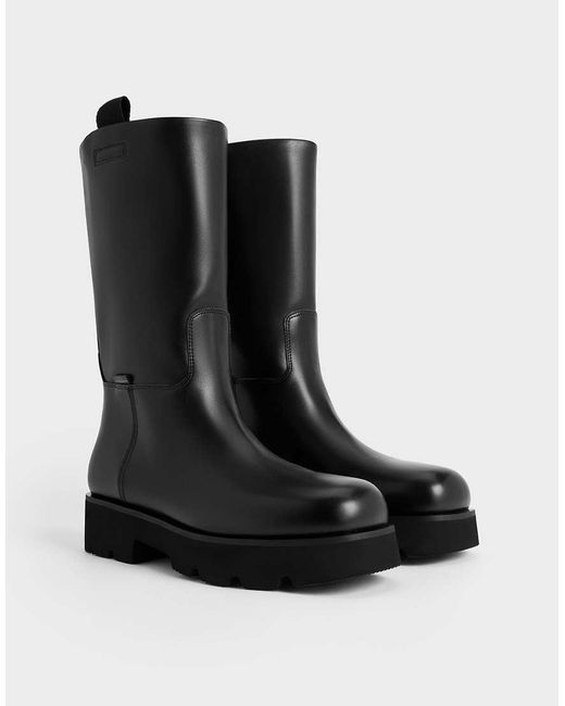 Charles & Keith Black Double Pull-Tab Calf Boots