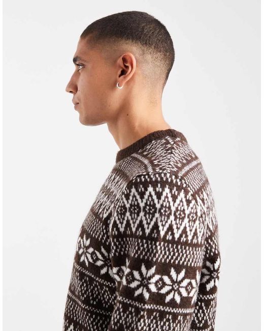 Threadbare Gray Fairisle Print Crew Neck Jumper for men
