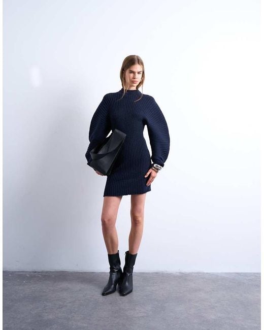 TOPSHOP Blue Knitted Cocoon Ribbed Dress