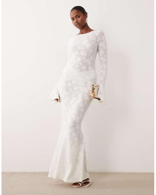 Noughts & Kisses Natural Devore Floral Bell Sleeve Lace Up Fishtail Maxi Dress