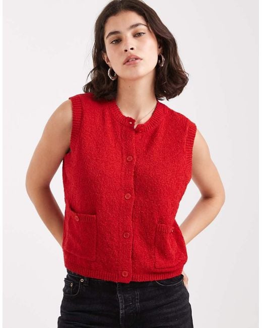 Pieces Red Button Front Knitted Vest