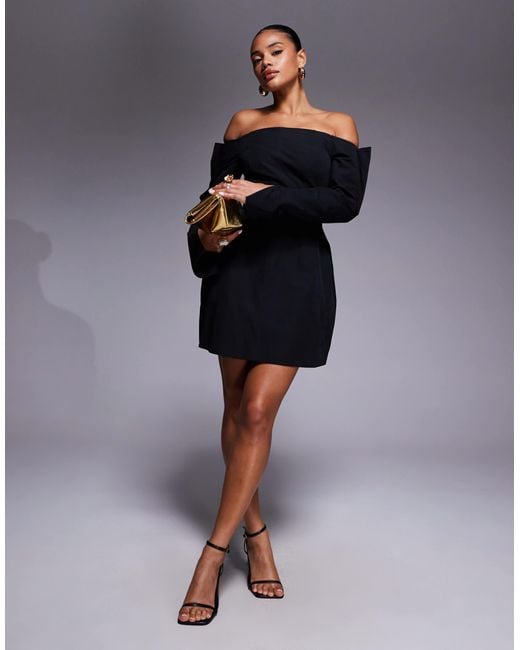ASOS Blue Structured Long Sleeve Bardot Mini Dress With Seam Detailing