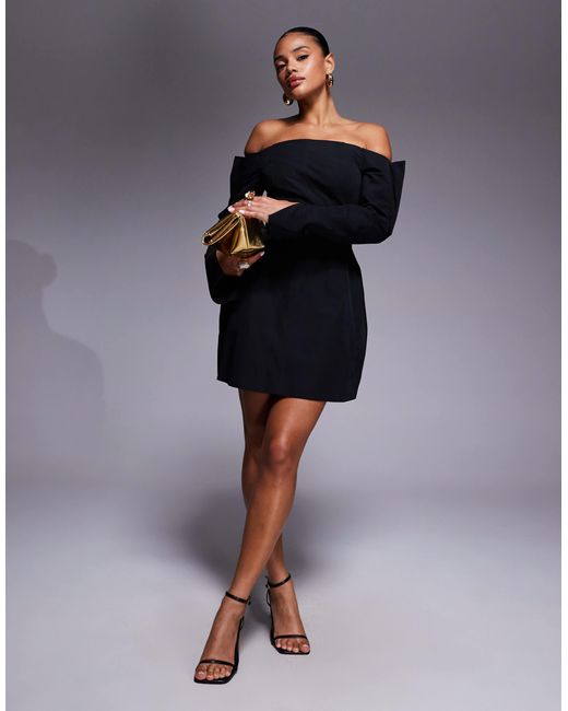 ASOS Blue – strukturiertes, langärmliges bardot-minikleid