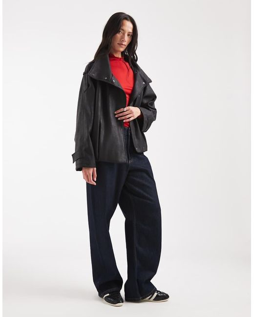 ASOS Red Asymmetric Leather Look Funnel Bomber Jacket