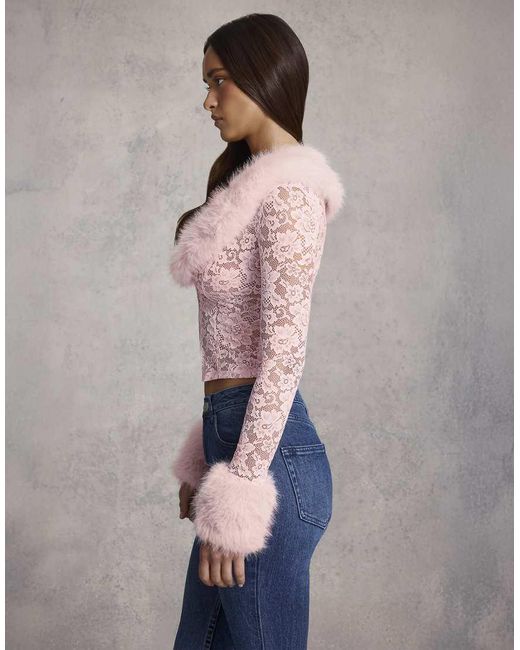 Oh Polly Pink Faux Fur Trim Long Sleeve Cardigan