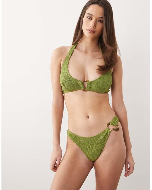 ASOS Green Oceana Ibiza High Leg Cheeky Bikini Bottom With Molten Hardware Detail