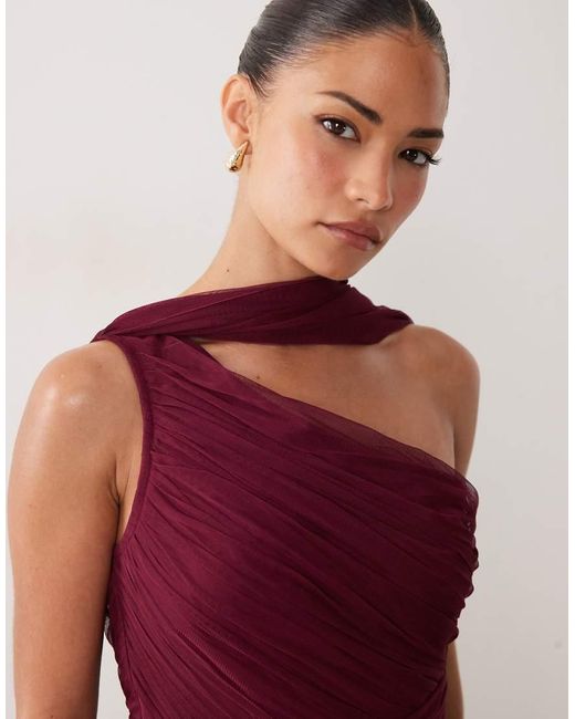 LACE & BEADS Red Bridesmaid One Shoulder Scarf Neck Maxi Dress