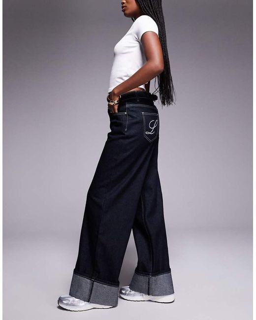 Liquor N Poker Blue Cinch Midrise Turn-up baggy Denim Jeans With Contrast Stitching
