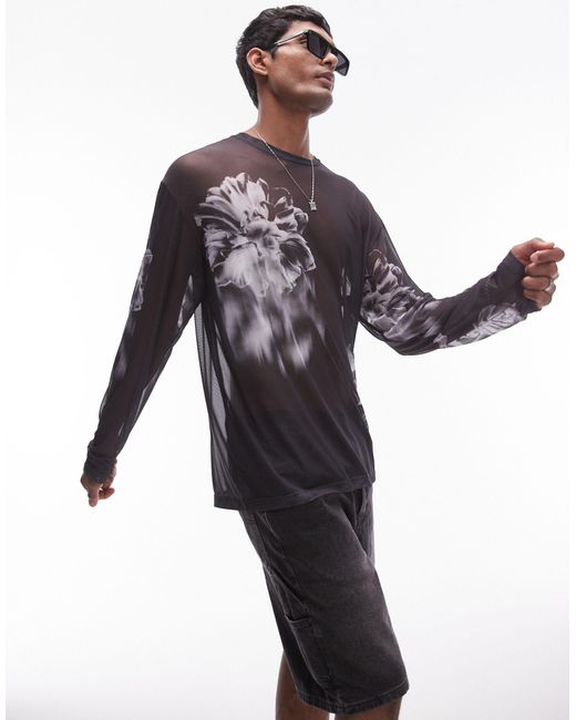 Topman Black Oversized Fit Long Sleeve Mesh T-shirt With Floral Print for men