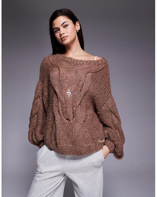 Kiwi & Co Brown Daydream Contains Wool Hand Knitted Oversized Slouchy Cable Knit Detail Balloon Sleeve Jumper