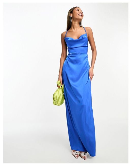 Naanaa Blue Satin Cowl Neck Maxi Dress With Tie Back Detail