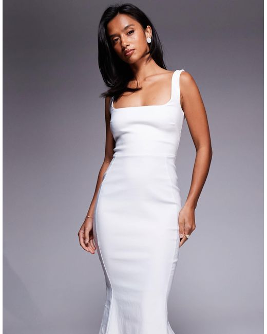 Vesper Petite Blue Bengaline Sleeveless Square Neck Fishtail Midi Dress