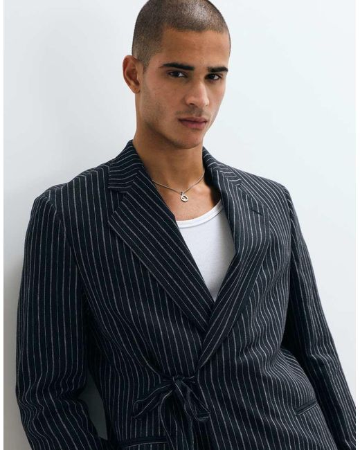 ASOS Blue Regular Linen Rich Suit Jacket With Wrap Tie Waist for men