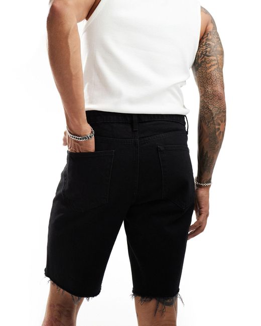 ASOS Black Standard Length Vintage Slim Denim Shorts With Rip Hem for men