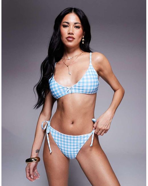The Frolic Blue Exclusive Picot Trim Bow Detail Scoop Neck Bikini Top Co-ord